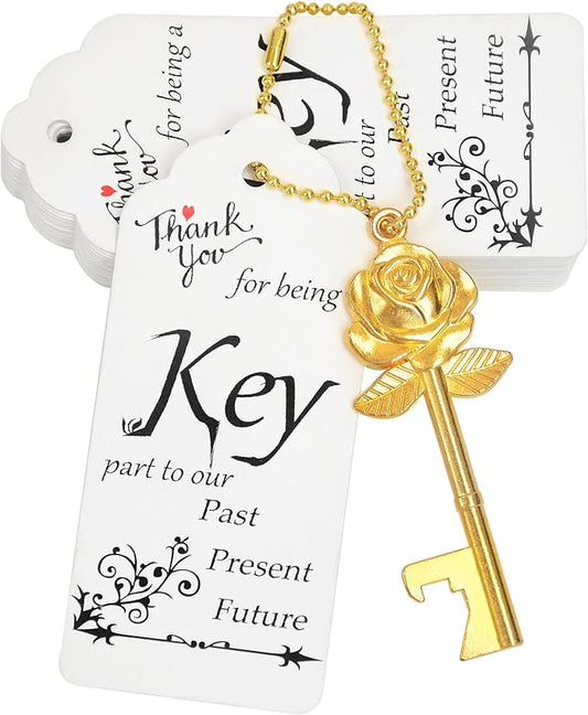 Aokbean 100 PCS Rose Flower Shaped Keys Wedding Favors Gift for Guest Bulk Skeleton Key Bottle Opener with Card and Chain for Rustic Party Bridal Showers Decorations (Gold)