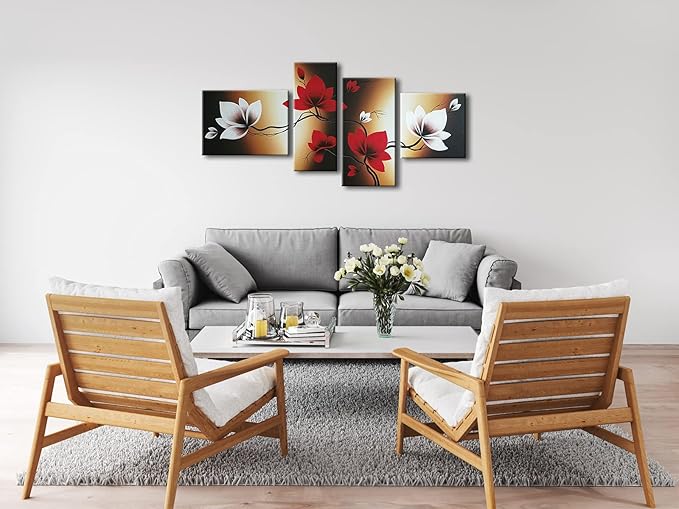 Wieco Art Full Bloom in Spring Red Flowers 100% Hand-painted 4 panels Flower Oil Paintings on Canvas Wall Art for Wall Decor Oil Painting on Canvas