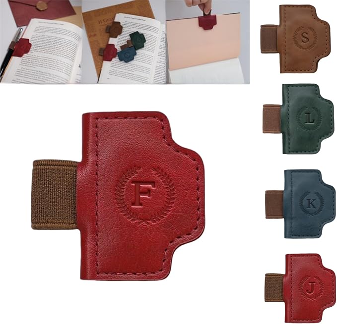Personalized Magnetic Bygone Mark Bookmark with Pen Holder, 26 Letters Name Initial Custom Leather Book Mark for Women, Gifts for Book Lovers and Readers (Red,F)