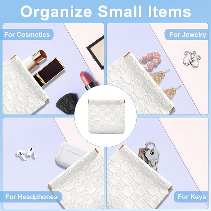 2PCS Small Makeup Bag for Purse, Mini Leather Pocket Cosmetic Bag for Women, Waterproof Portable Makeup Pouch No Zipper Coin Purse Lipstick Bag Accessories, Checkered Travel Storage Bag (White)