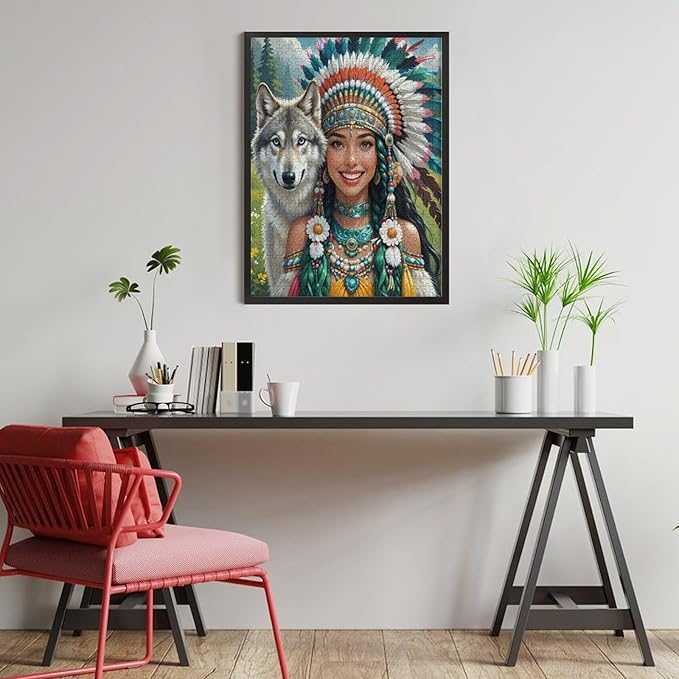 Wooden Puzzle - Indian Beauty & Wolf，Native American Jigsaw Puzzles，Wooden Puzzles for Adults 500 Pieces Unique Gifts for Wall Art，Challenge Puzzles，Educational Games，Family Puzzles