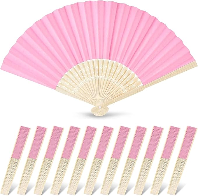 JOHOUSE 12 PCS Paper Folding Hand Fans, 8.3 Inch Pink Paper Fans Handheld Portable for Wedding, Party Favors, Bridal Baby Shower DIY Crafts Pink Party Decorations Valentine's day gifts for class