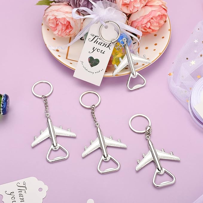 50PCS Airplane Bottle Opener Keychains for Wedding or Bridal Shower Favors, Gifts, Souvenirs to Guests (Silver)