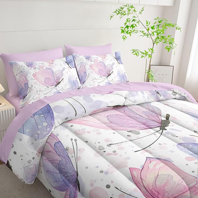 7Pcs Comforter Set Butterflies Printed Bedding Set with 1 Comforter, 1 Flat Sheet, 1 Fitted Sheet and 4 Pillowcases for Boys and Girls Bedroom All Season(Butterflies-2 Queen)