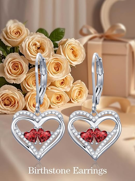 Heart Leverback Earrings Double Birthstone Dangle Earrings for Women, Love Jewelry for Her, Christmas Gifts for Women, Anniversary Birthday Gift for Mom Wife Girlfriend
