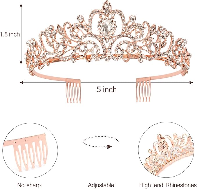 Rose Gold Tiara Crown for Women - Happy Birthday Flower Crown Sash, Party Favors Supplies, Cake Toppers, Gifts for Women, Halloween Cosplay