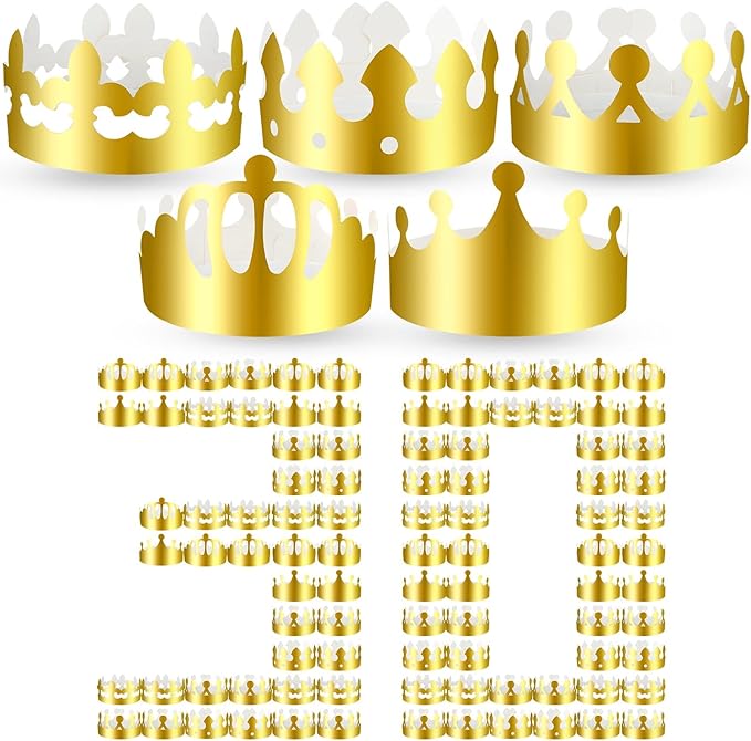 Crtiin 30 Pcs Gold Paper Crown for Adults Princess Hats Crafts Birthday Party Bulk Crowns for School Classroom(Stylish Style)