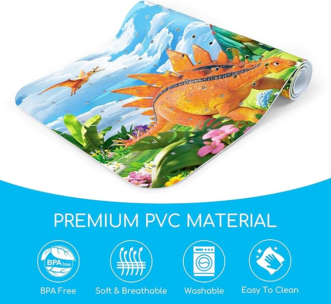 Baby Bath Mat for Tub, Non Slip Kids Bath Shower Mat, 40 X 16 Inch Large Bathtub Mat with Drain Holes and Suction Cups for Toddlers, Machine Washable and Waterproof (Dinosaur)