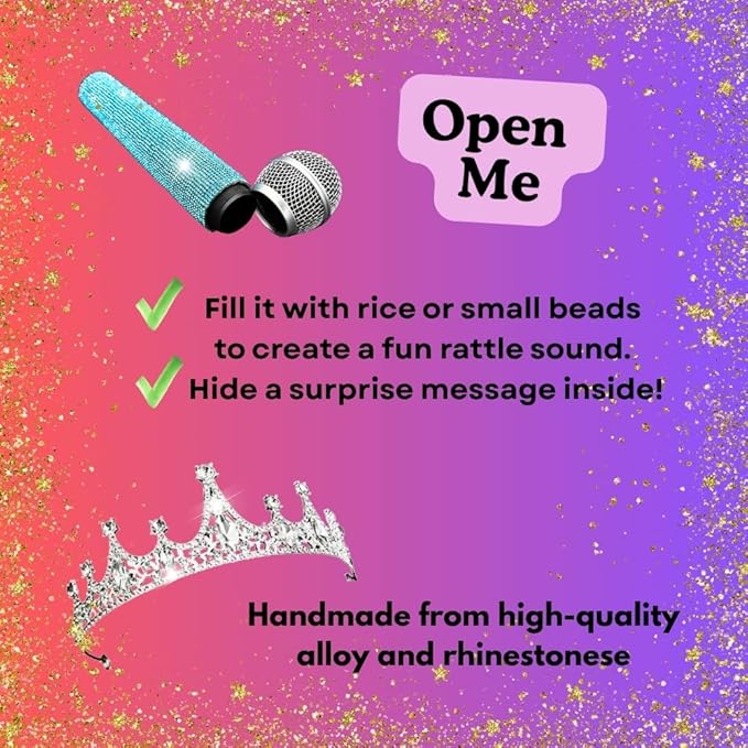 Bling Fake Microphone Prop and Crystal Tiara – Sparkly Rhinestone Toy Mic & Crown Girls Cosplay, Princess Dress Up