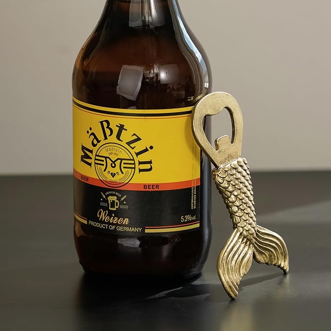 Vintage Fish Tail Beer Bottle Opener Functional Bottle Opening Father's Day Christmas Birthday Gift for Men Husband Father Beer Lovers Funny Metal Decor for Homes Kitchen Man Cave, Gold