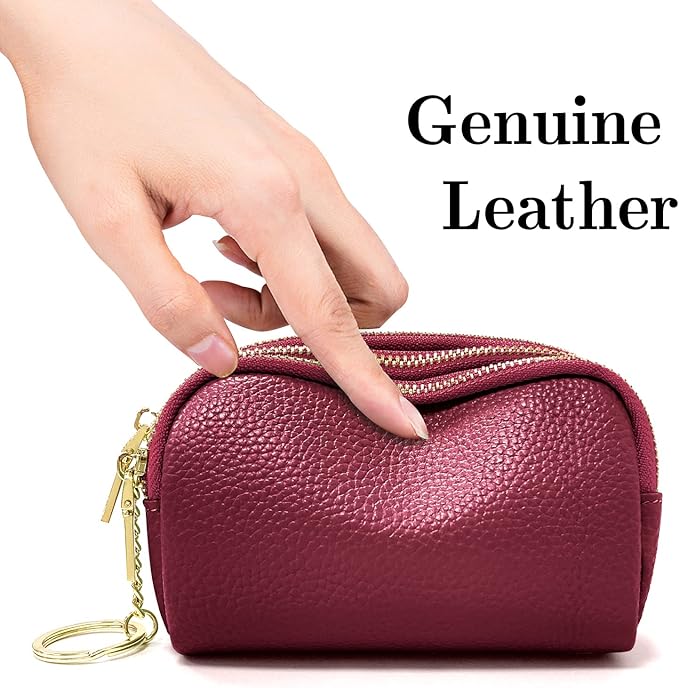 LINNO 3 Zippered Genuine Leather Coin Purse Triple Capacity Change Pouch Little Travel Wallet With Key Ring for Women
