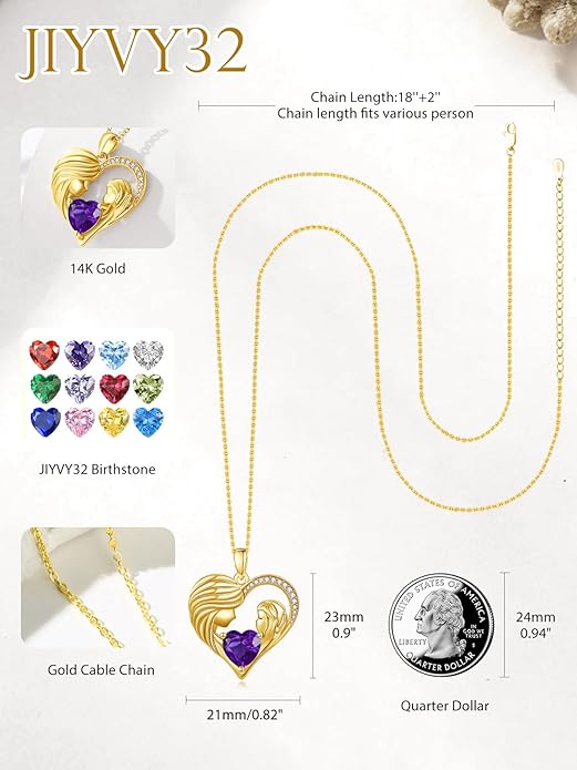 Mother and Daughter/Son Love Heart Necklace White Gold/14K Gold/Rose Gold Birthstone Jewelry Christmas Mothers Day Birthday Gifts For Mom Wife Grandma Women