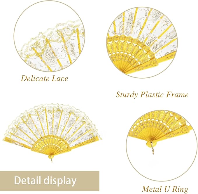 QIRMIZI 30pcs Silk Folding Hand Fans,Silk Fans,Yellow Rose Fans,Perfect for Weddings, Parties, and Dancing,Yellow