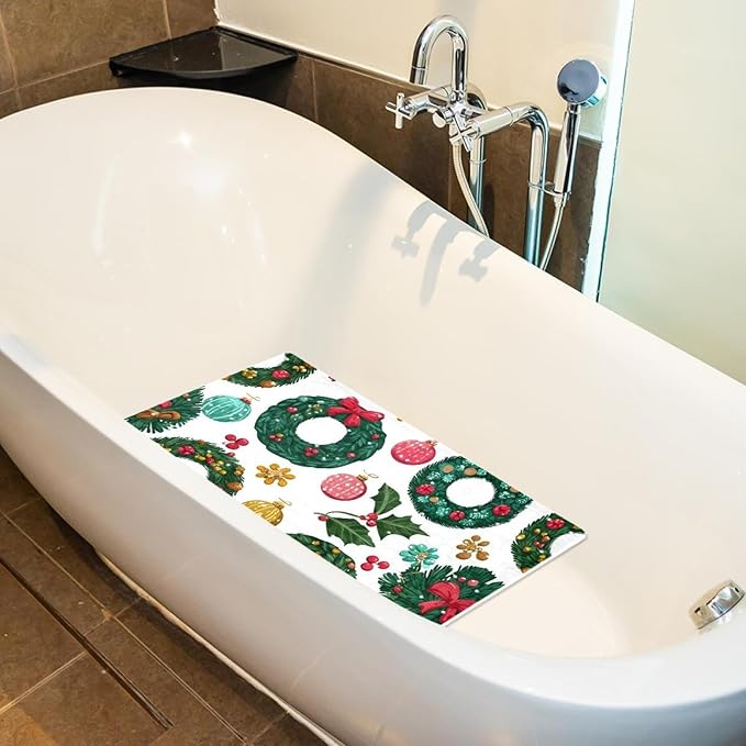 Christmas Wreath New Year Tree Decorations Bath Tub and Shower Mats, Non Slip Bathmat with Drain Holes and Suction Cups for Bathroom Floor, 15.1 x 26.8 Inch