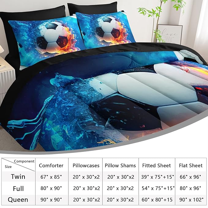 AILONEN Kids Soccer Comforter Set Twin Size,7-Piece Soft Bed in a Bag,Ice and Fire Sport Boys Soccer Comforter & Fitted Sheet with Flat Sheet & 2 Pillowcases,2 Pillow Shams for Bedroom