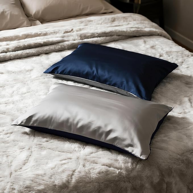 Mulberry Silk Pillowcase for Hair and Skin, Luxury Double Sided Pure Silk Pillowcase, 29x19 Inches, 1Pc (Navy Blue)