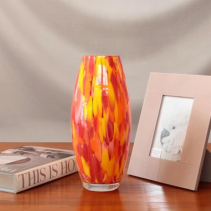Ca D Oro Glass Vase Orange/Yellow Confetti Hand Blown Murano-Style Art Glass for Flower and Decor - Model Oliva G