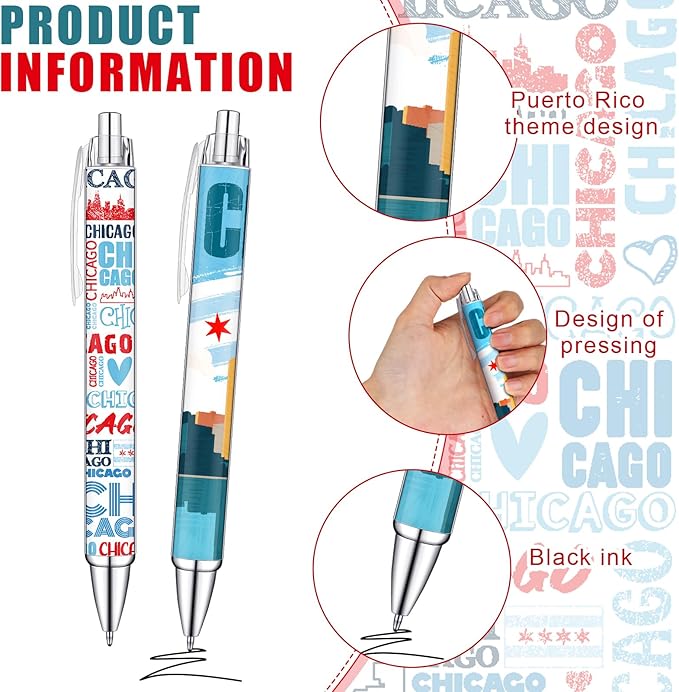 36 Pcs Chicago City Ballpoint Pen Collectible Gift Pen Bulk Retractable Souvenirs USA Chicago City Souvenirs for Office Supplies, 6 Styles, Black Gel Ink