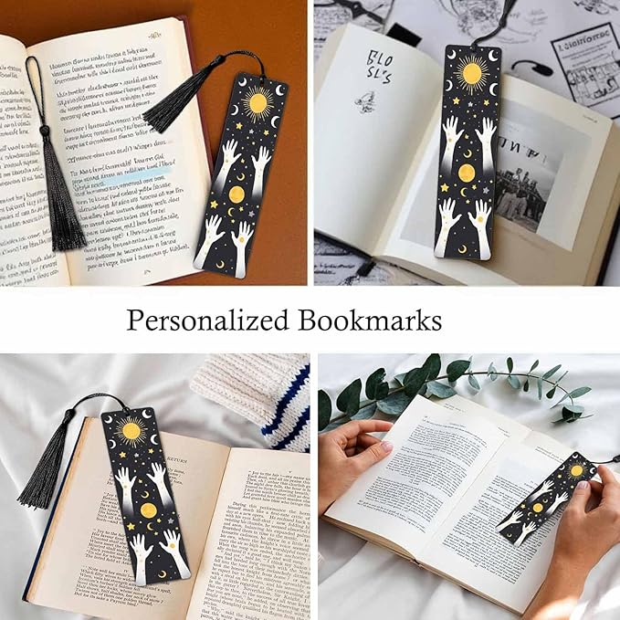 Halloween Bookmarks 5 Pcs with Tassels Bright Stars Moon Hands Mysterious Wooden Bookmarks for Reading Women Students Teacher Reader