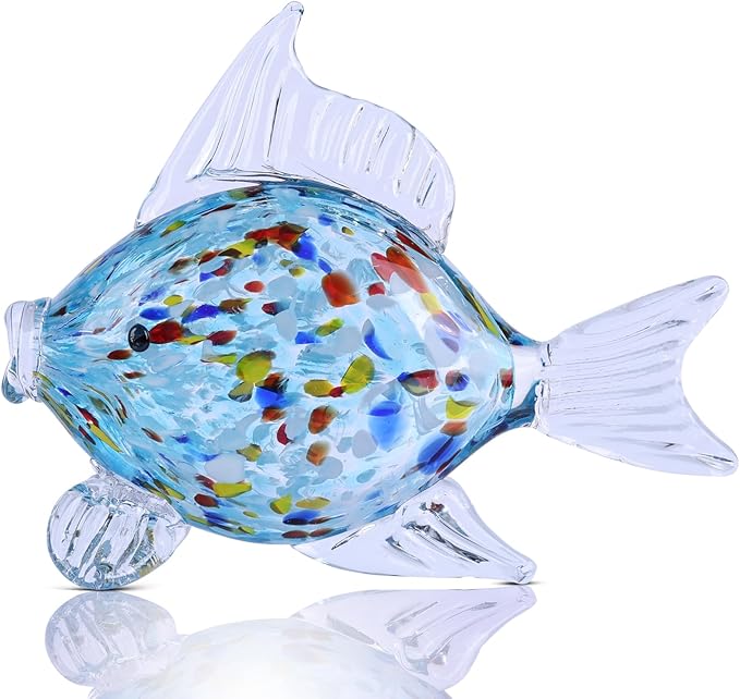 Large Glass Fish Figurine for Home Decor, Hand Blown Art Glass Ocean Animal Statue, Decorative Coastal and Beach Themed Sculpture for Table, Shelf, Bathroom, Living Room or Office