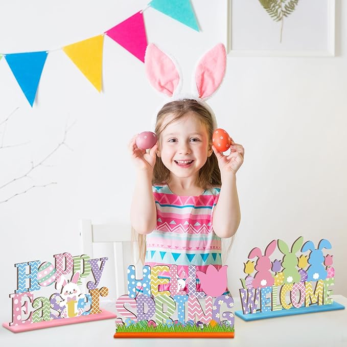 Hoolerry 6 Pcs Easter Table Decorations Wooden Happy Easter Table Centerpieces Hello Spring Colorful Egg Bunny Tabletop Signs for Dinner Party Indoor Outdoor Decor