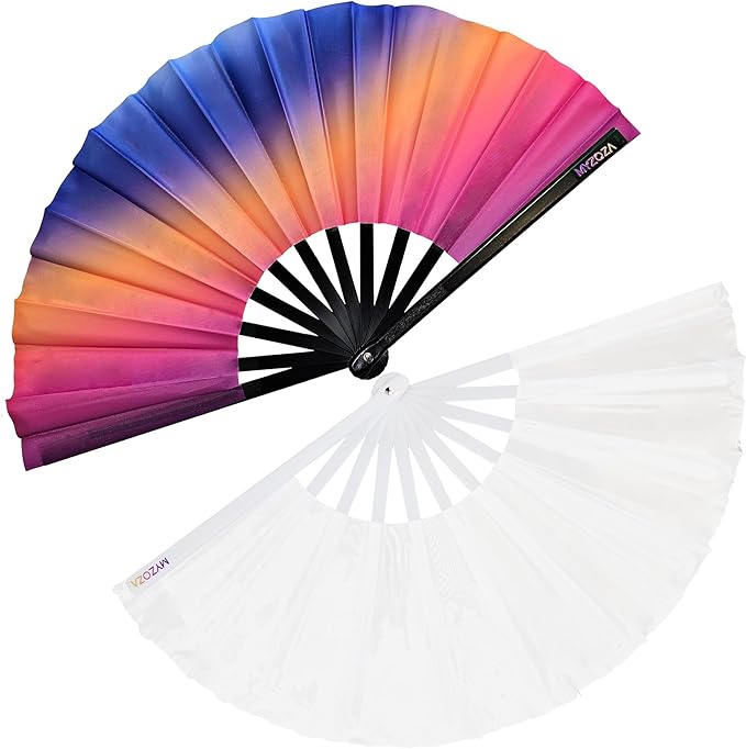Set of Two Large Hand Foldable Fans Clack Popping Rave Festival Line Dancing Boots on the Ground Valentines Mardi Gras (Omber & White)