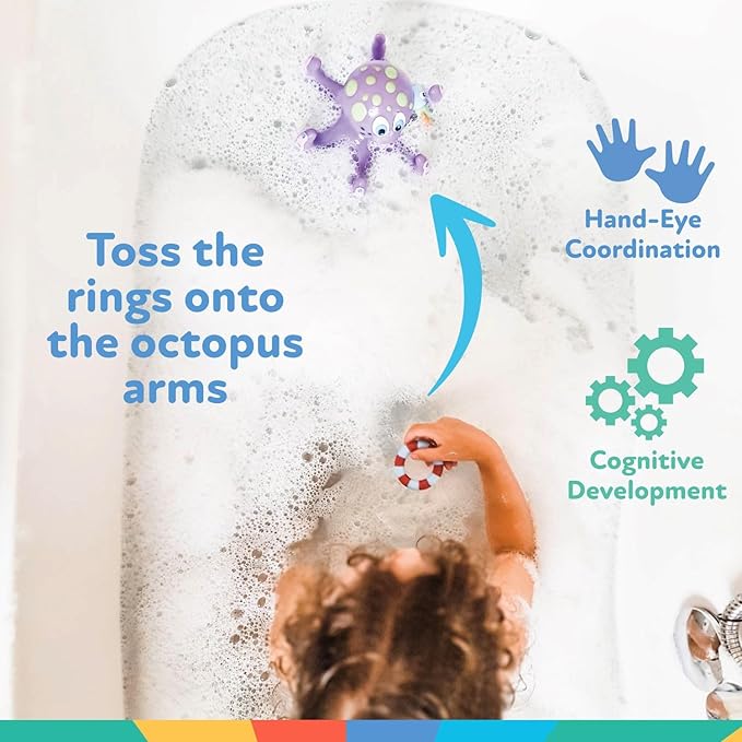 Nuby Floating Octopus with 3 Hoopla Rings - Baby & Toddler Bath Toy - No Hole Design Keeps Moisture Out - Fine Motor Skills - 18+ Months - Great Baby Pool Toys