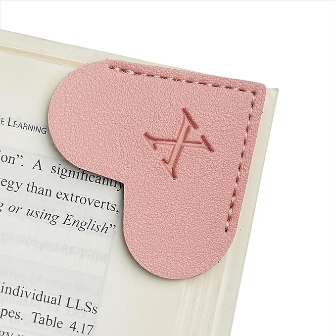MOTEERLLU Personalized Leather Heart Bookmark with Initial, Cute Letters Custom Corner Book Mark for Reading Women, Teacher, Student, Book Lovers Gifts & Accessories(Pink, X)