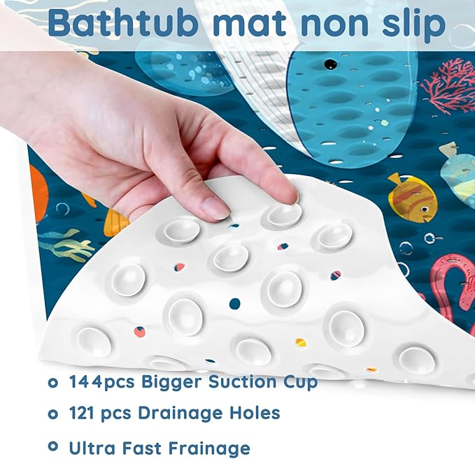 LNOND Bath Mat for Tub for Kids, Boy Toddler Bathtub mat Non Slip, Ocean Fish Kids Bath Mats for Bathroom Non Slip with Drain Holes and Suction Cups,Machine Washable (40 X 16 Inch)