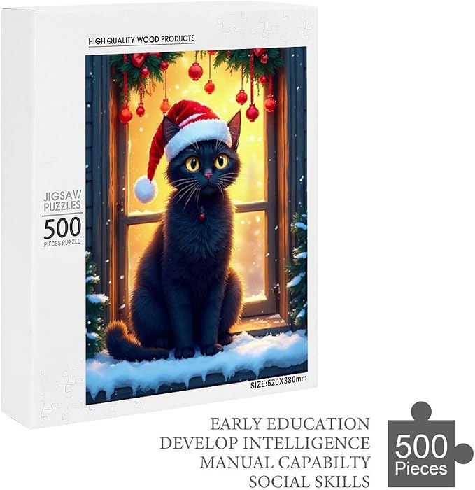 Jigsaw Puzzles for Adults 500 Piece - Christmas Black Cat Wooden Puzzles, Funny Puzzles，Unique Gifts for Wall Art，Family Puzzles，Educational Games，Challenge Puzzles