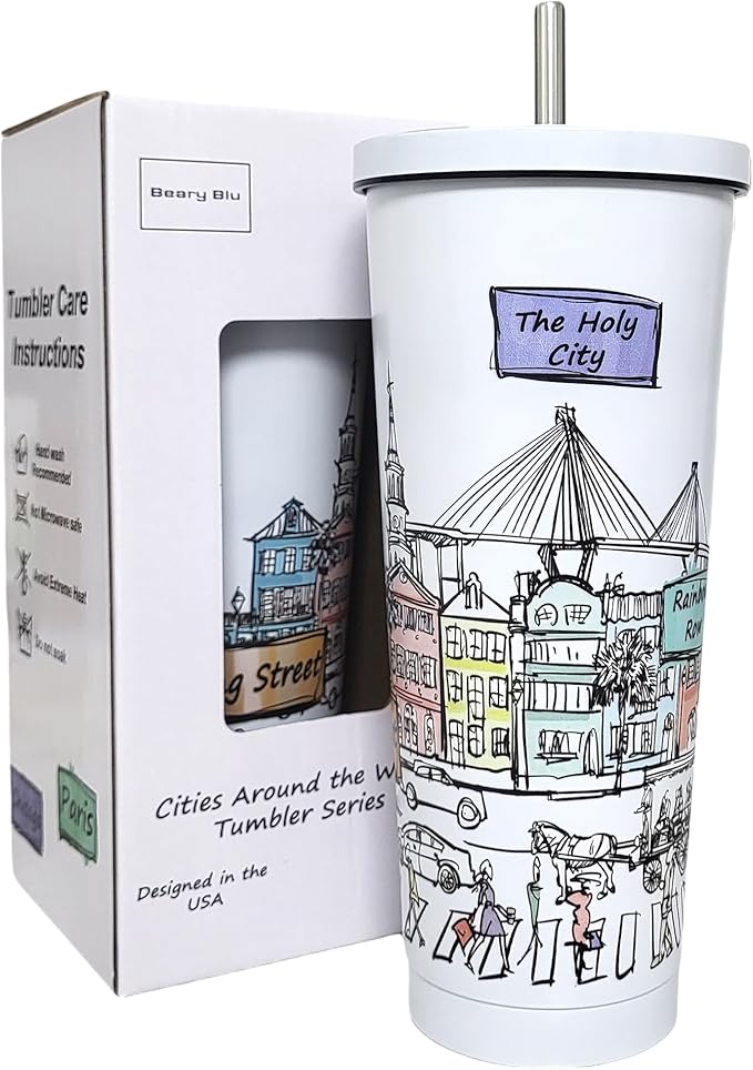 Cities Around the World 25 Oz Tumbler Series - Designed in the USA - Vacuum Insulated Tumbler with Lids & Straw - Stainless Steel Coffee Water Travel Mug, Cup for Hot Cold Drink (Charleston)
