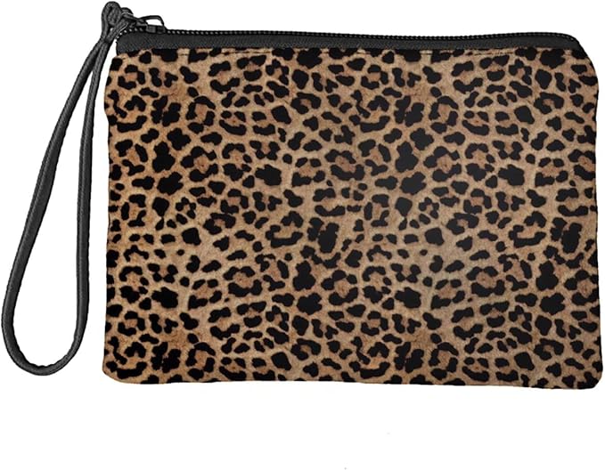 Dolyues Fashion Coin Purse Wallets for Women with Zipper & with Handle Strap, Brown Animal Leopard Print Wallet Change Pouch Phone Bags, Pencil Bag Perfect for Girls Womens