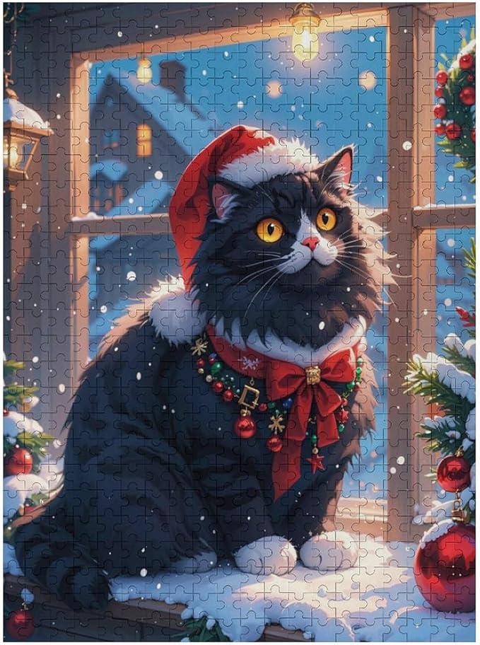Jigsaw Puzzles for Adults 500 Piece - Christmas Black Cat Wooden Puzzles, Challenge Puzzles Puzzle Games, Stress Relief Games, Funny Puzzles