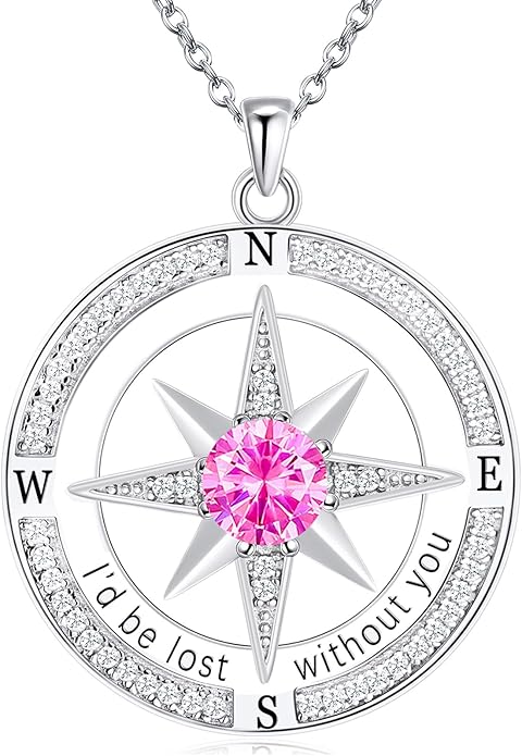 S925 Necklace Birthstone Compass Gift for Women Jewelry Sterling Silver Necklace for Wife Wedding Anniversary Girlfriend Birthday Gifts for Her Valentines Day Mom Mothers Day
