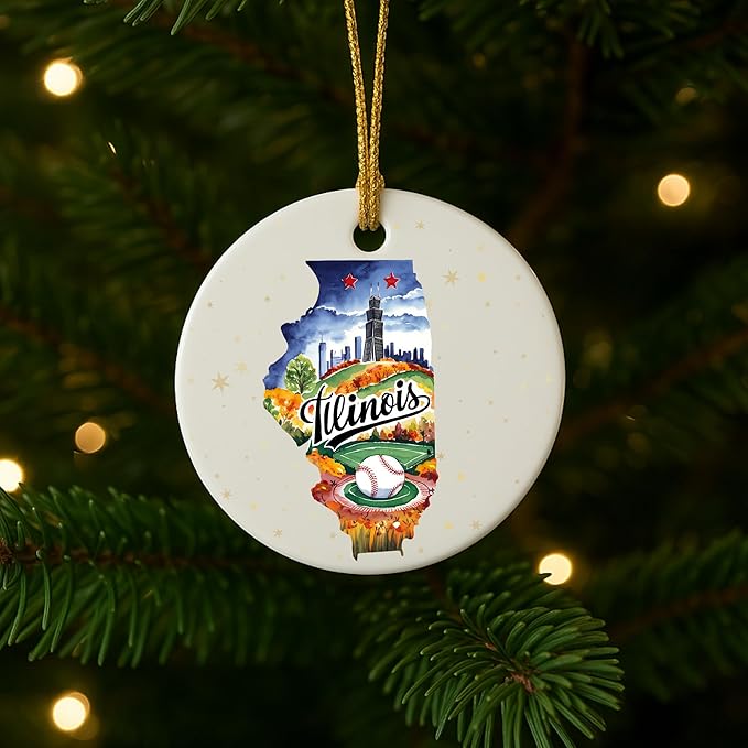 USA State Landmark Ceramic Ornament – Round Glossy Christmas Decoration Featuring U.S. State Art, Landmarks & Holiday Scenery – Collectible Travel Souvenir Ornament Series (Illinois)