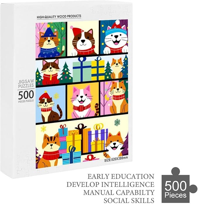 Wooden Puzzle 500 Pieces Adult - Christmas Dog Cat Puzzle Christmas Puzzles, Holiday Puzzles, Family Toys, Party Games, Jigsaw Puzzle Challenge and Funny