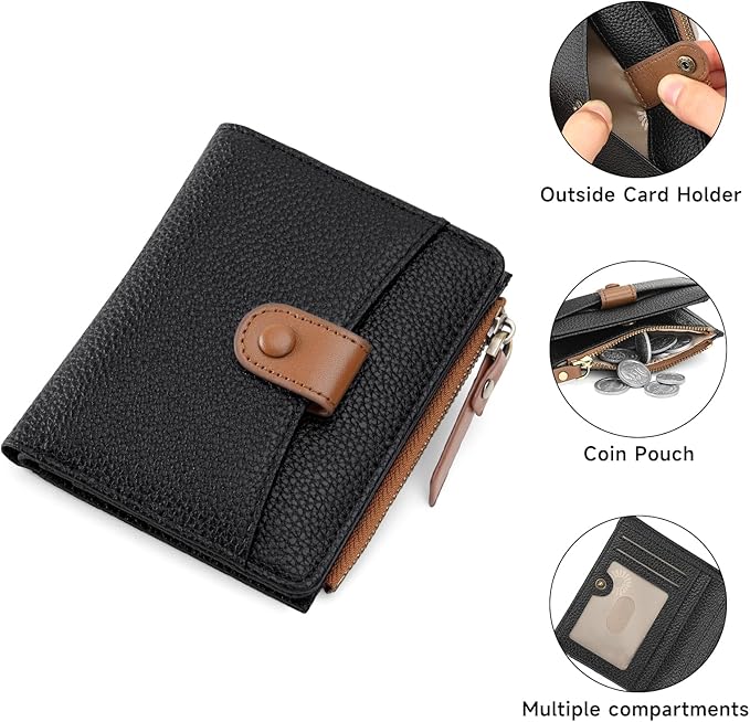 SENDEFN Small Wallet Women Leather RFID Blocking Bifold Zipper Pocket Card Holder with ID Window