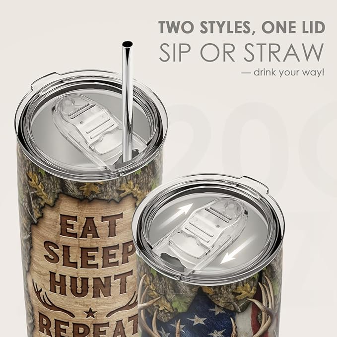 SANDJEST Hunting Tumbler 20oz, Stainless Steel Travel Cup with Lid, Eat Sleap Hunt Repeat Insulated Coffee Mug, Hunting Gifts for Men Friends Dad Grandfather on Birthday Christmas