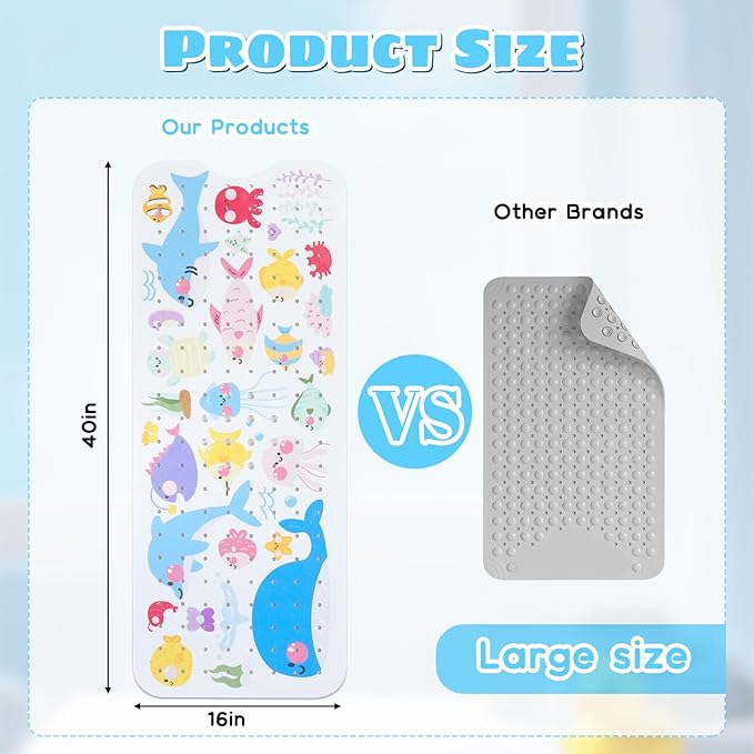 Baby Bath Mat for Tub Non Slip Kids Bathtub Mat Extra Long 40X16 Inch Toddler Bath Tub Shower Mat Anti Slip with Suction Cups & Drain Holes, Machine Washable (Sea Fish)