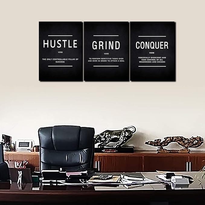 BWSPACE Inspirational Wall Decor, Motivational Canvas Wall Art, grind hustle wall art 3 Pieces Wall Art Decorations for Office Living Room and Bedroom Decor (48" W x 24" H, HGC)