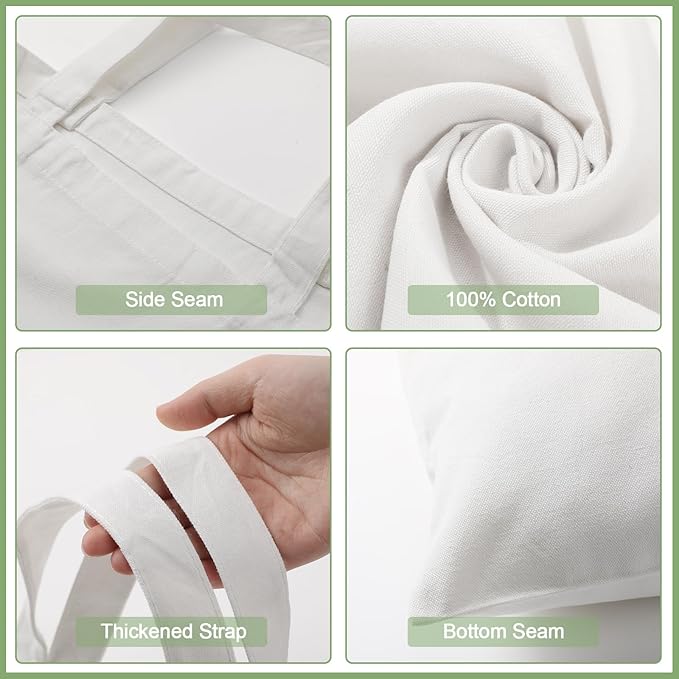 Roowest 120 Pieces Cotton Tote Bag Bulk 15 x 16 Inch Blank Canvas Tote Bags Reusable with Long Handle for Women Men DIY(White)