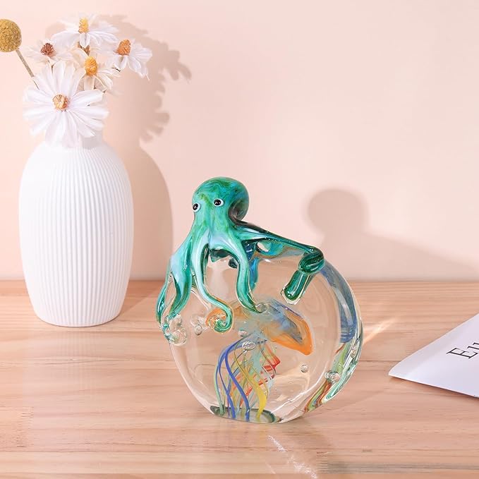 LCCCK Glass Octopus Jellyfish Statue Home Decor, Hand Blown Glass Decor Ocean Figurines Octopus Sculpture, Murano Art Office Desk Paperweights Fish Tank Aquarium Sea Animals Christmas Birthday Gift