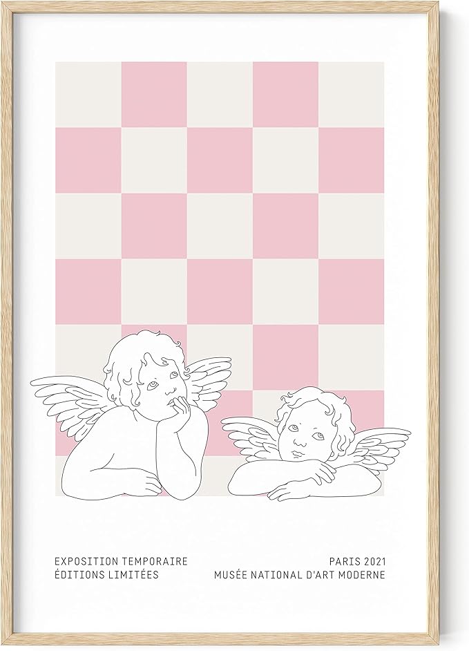 HAUS AND HUES Pink Wall Art, Danish Pastel Aesthetic Posters, Trendy Room Decor, Cool Pink Prints (Beige Framed, 24" x 36")