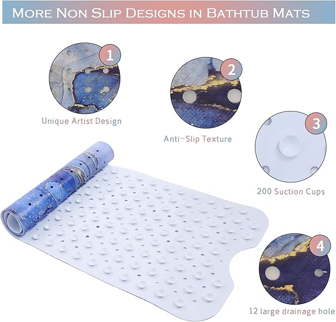 Blue Bathtub Mat Non Slip Marble Gold Line Extra Long Bath Mat for Tub Abstract Art Anti Slip Shower Mat for Bathroom with Large Drain Holes and Suction Cups Quality Bath Mats and Bathtub Decor 40x16