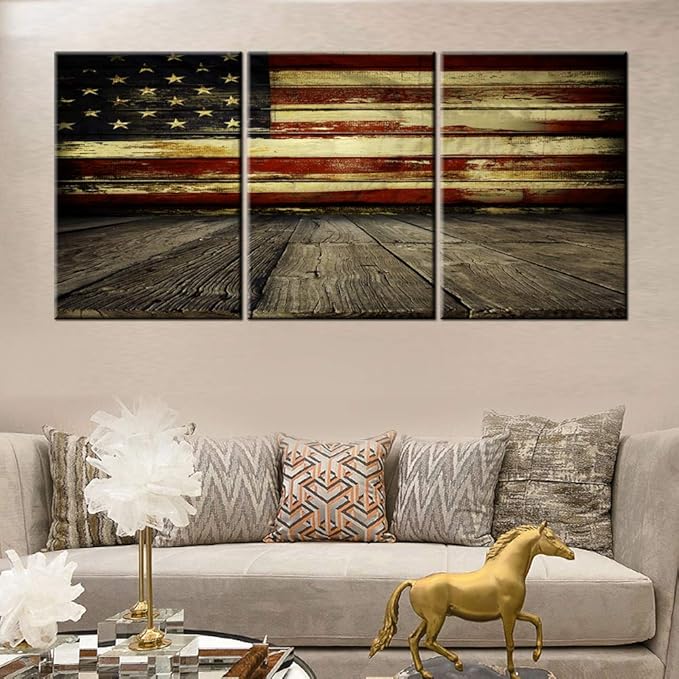 Native American Flag Pictures Patriotic Artwork for Living Room Red White Stripes Paintings 3 Piece Prints Wall Art on Canvas Country House Decor Framed Gallery-Wrapped Ready to Hang (60''Wx28''H)