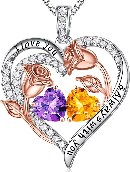 Iefil Valentines Day Gifts for Her - 925 Sterling Silver Rose Heart Birthstone Necklace Birthday Anniversary Jewelry Gifts for Her Wife Mom Daughter