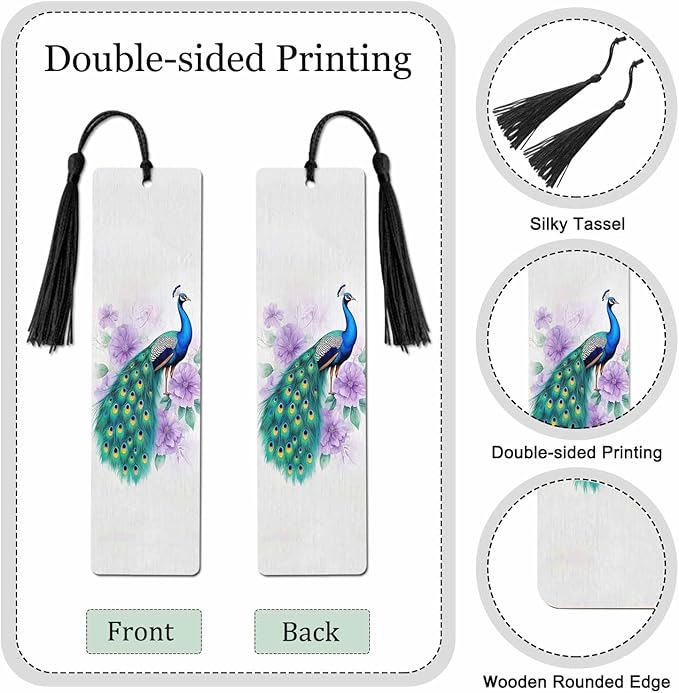 Peacock Bookmarks 5 Pcs Beautiful Pretty Bird Wooden Bookmark with Tassels for Reading Book Lovers Gift Office School Readers Teacher