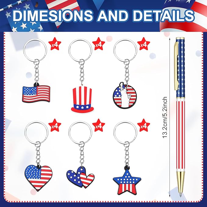 48 Pcs Independence Day Metal Ballpoint Pens American Flag Keychain Set Gold Retractable Patriotic Pens USA Flag Key Chains Office Patriotic 4th of July Party Favors for Veterans Day