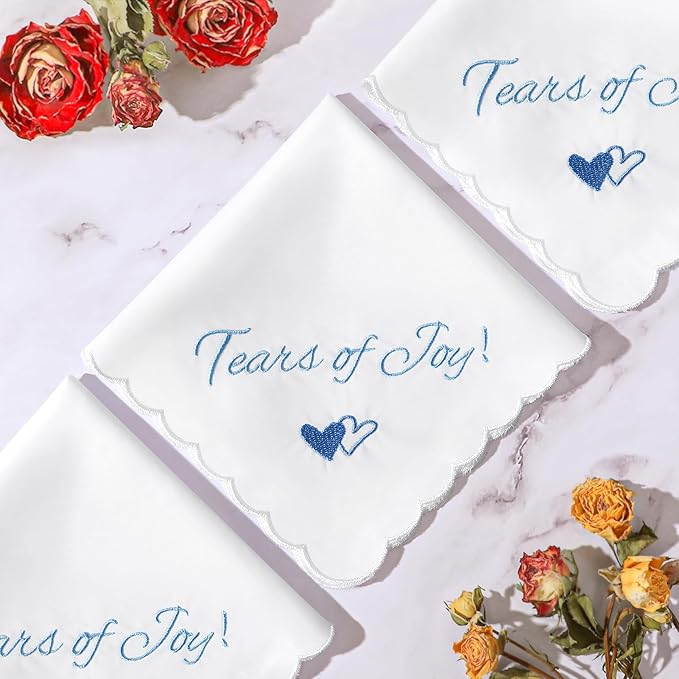 Wedding Handkerchief Something Blue for Bride, Mother Father of the Brides Groom Gifts, Embroidered Happy Tears Cotton Hanky