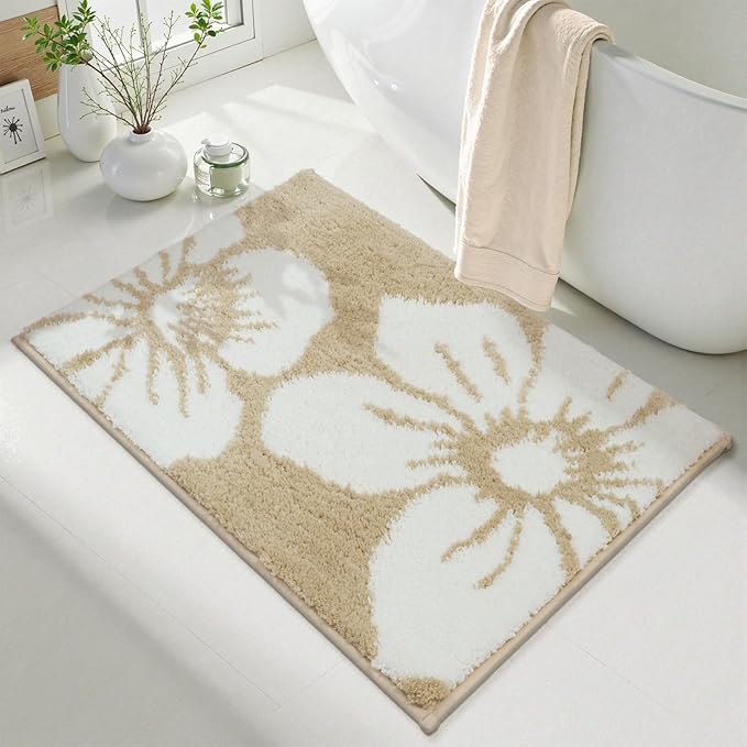 Uphome Bath Mats for Bathroom, 18x26 Modern Floral Bathroom Rug Non Slip, Soft Machine Washable Absorbent Quick Dry Bathroom Mat for Tub, Shower, Floor (Beige)